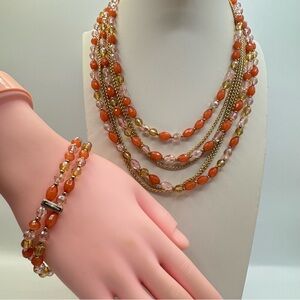 Beautiful Multi Strand Orange Beaded Necklace & Stretch Bracelet Gold Tone Set